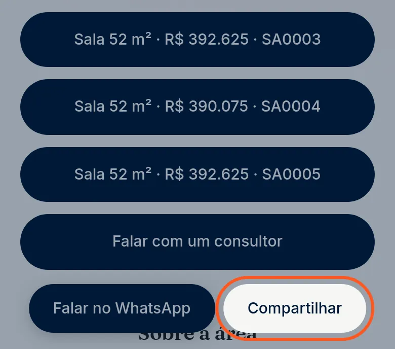 O rodapé da página com os dois botões fixos, Falar no WhatsApp e Compartilhar, este destacado.