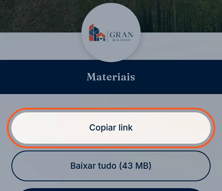 A página do empreendimento com o botão Copiar link destacado, acima do Baixar tudo.